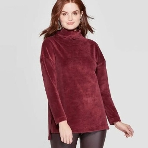 A New Day Burgundy Funnelneck Velvet Ribbed Tunic M - Picture 2 of 7
